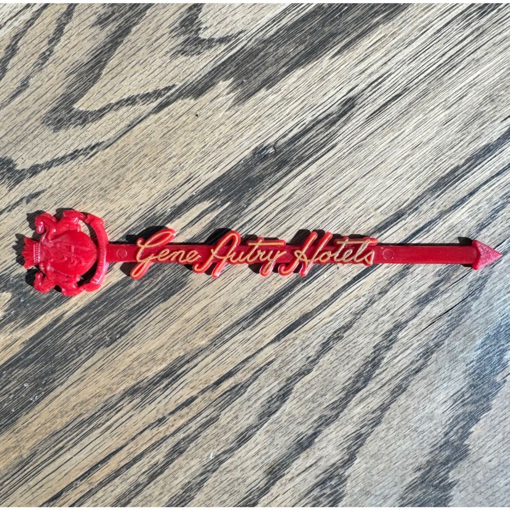 Gene Autry Hotels Swizzle Stick – Vintage Western Barware Circa 1960s Red & Gold